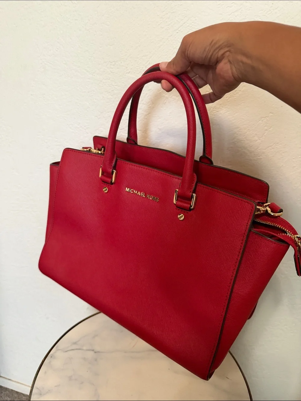 Michael Kors Red Saffiano Satchel with Gold Hardware